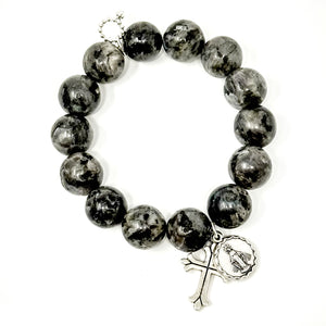 Charcoal Jasper with Silver Blessed Mother and Fleur Cross