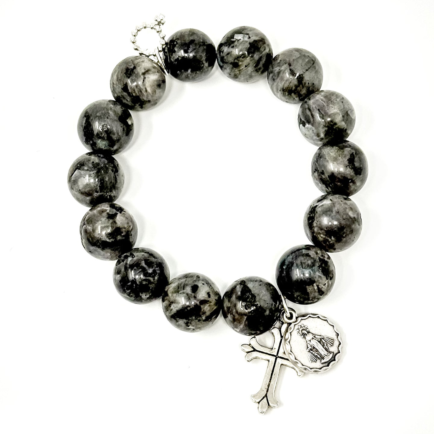 Charcoal Jasper with Silver Blessed Mother and Fleur Cross