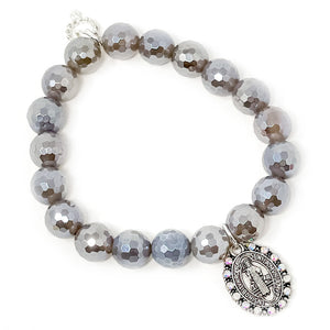 10mm Faceted Iridescent Dark Grey Agate with Pave St. Benedict