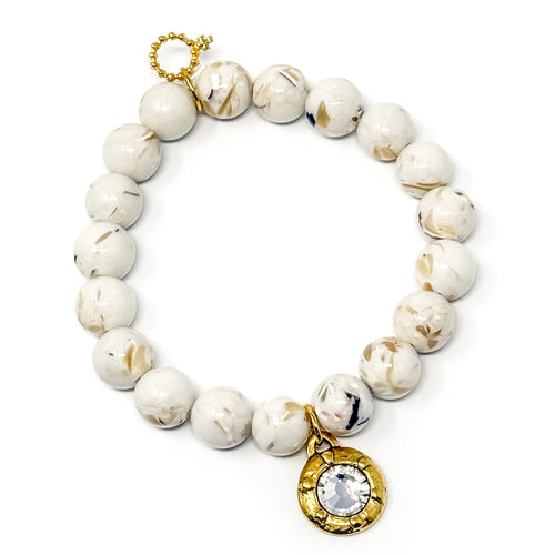 10mm Faceted Cream Mosaic Agate with Grey Crystal Droplet