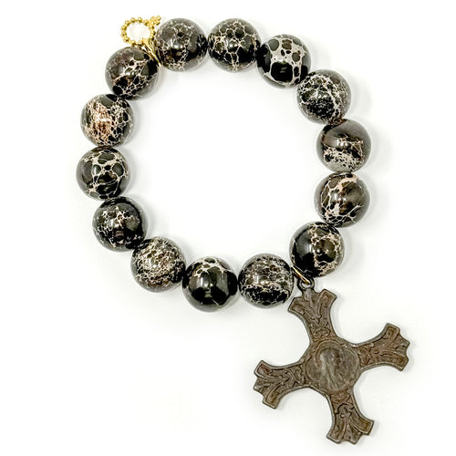 Black Sediment Jasper with Large Bronze Mary Cross