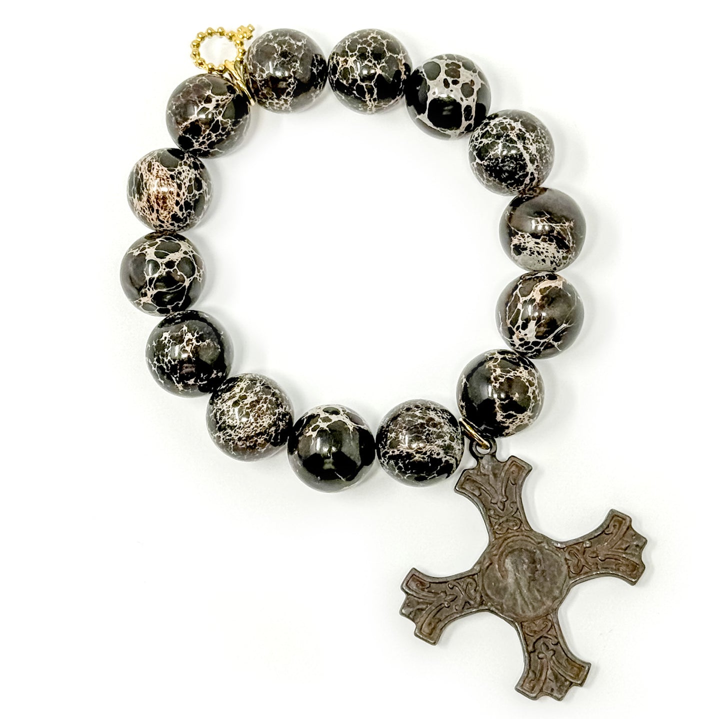 Black Sediment Jasper with Large Bronze Mary Cross