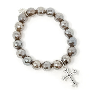 10mm Faceted Taupe Agate with Silver Cross