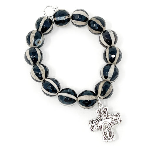 Faceted Serengeti Agate with Silver 5 Way Cross