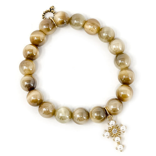 10mm Sunkissed Tiger Eye paired with a Petite Pearl Cross