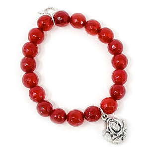 10mm Faceted Ruby Red Jade with Silver Sliding Rose