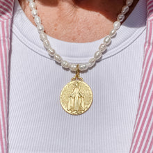 Pearl Necklace with Large Matte Gold Blessed Mother