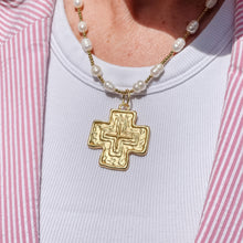 Pearl and Hematite Necklace with Large Matte Gold Cross