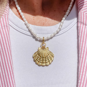 Pearl Necklace with Large Matte Gold Shell