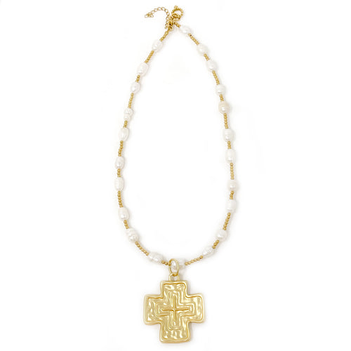 Pearl and Hematite Necklace with Large Matte Gold Cross
