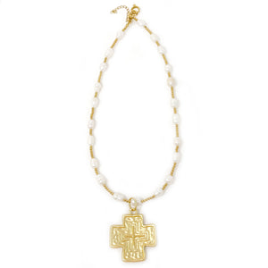 Pearl and Hematite Necklace with Large Matte Gold Cross