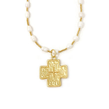 Pearl and Hematite Necklace with Large Matte Gold Cross