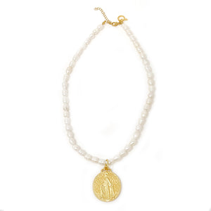 Pearl Necklace with Large Matte Gold Blessed Mother