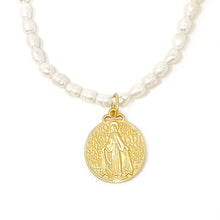 Pearl Necklace with Large Matte Gold Blessed Mother