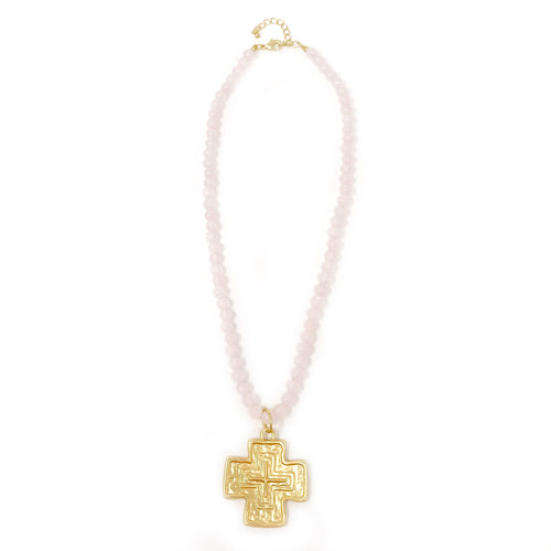 Rose Quartz Necklace with Large Matte Gold Cross