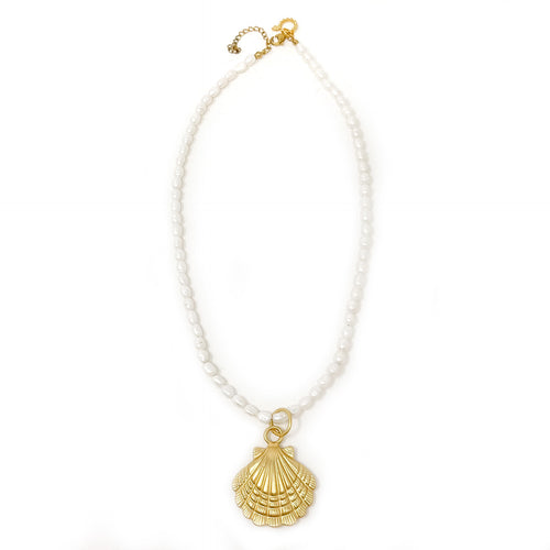Pearl Necklace with Large Matte Gold Shell