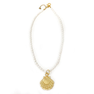 Pearl Necklace with Large Matte Gold Shell