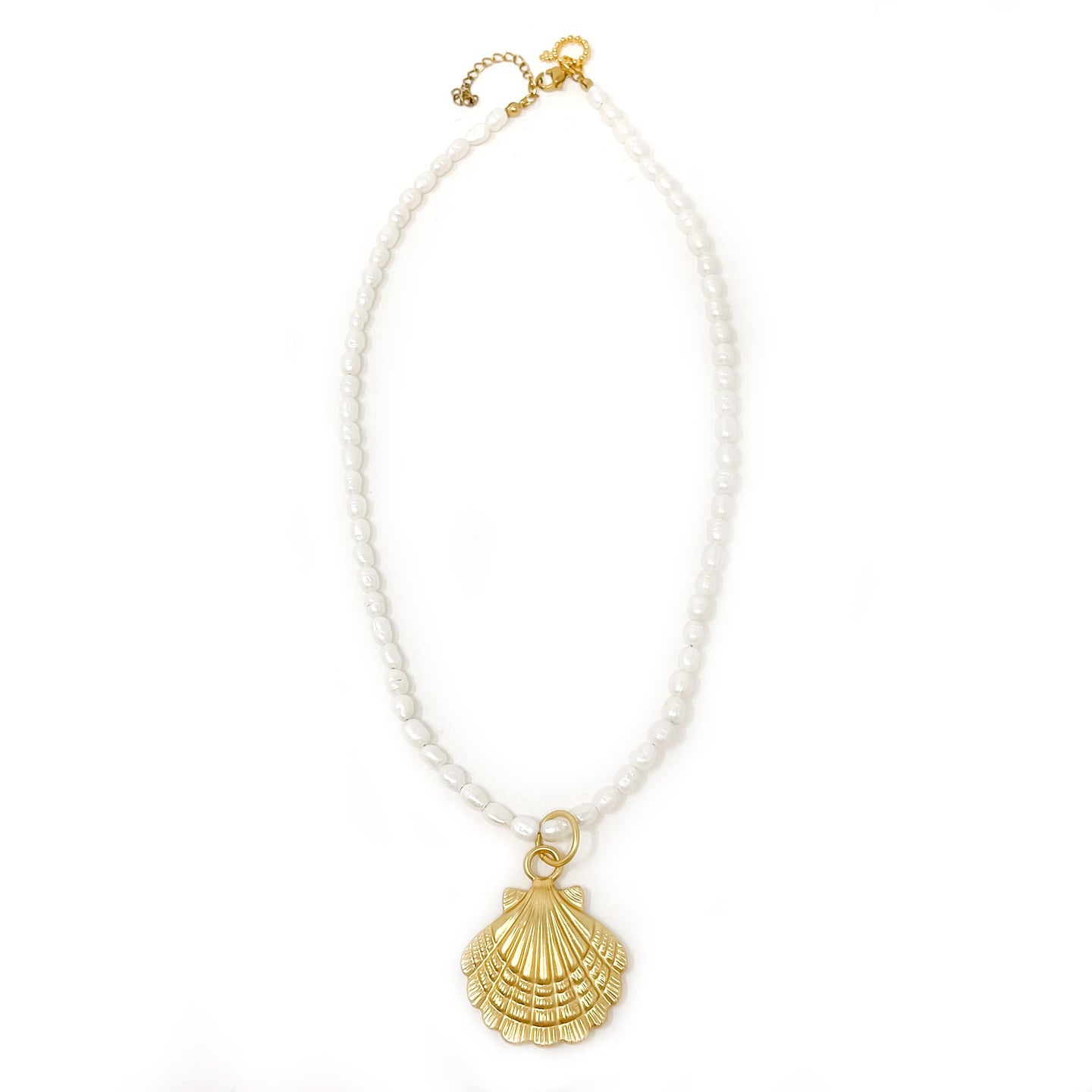 Pearl Necklace with Large Matte Gold Shell