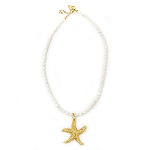 Pearl Necklace with Large Matte Gold Starfish
