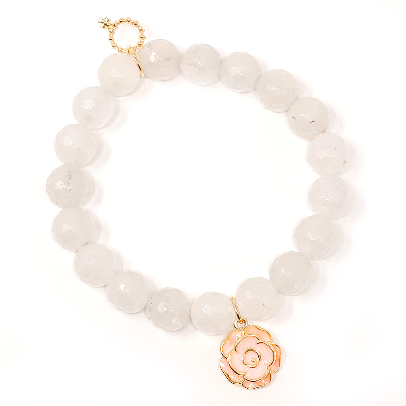 10mm Faceted White Jade with Pink Camellia