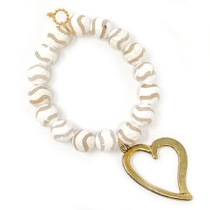 12mm Faceted White Wave Agate with Large Gold Heart
