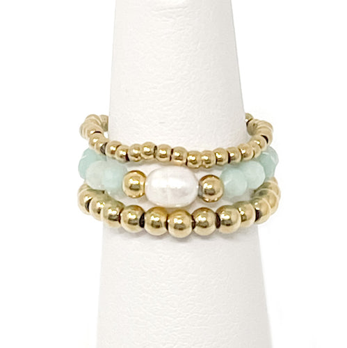 Amazonite and Pearl Hematite Triple Ring Stack
