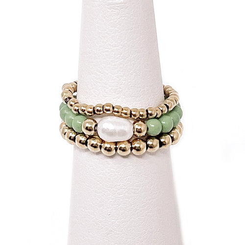 Grassy Green Agate and Pearl Triple Ring Stack