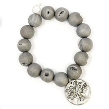 Grey Druzy Agate with Silver Hammered Tree of Life