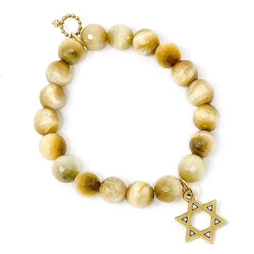 10mm Faceted Sunkissed Tiger Eye with Gold Star of David