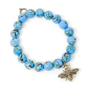 12mm Aqua Mosaic Agate with Gold Queen Bee