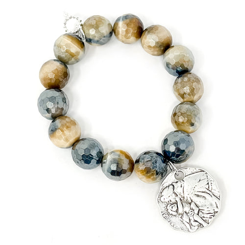 Private Collection- Faceted Caramel Latte Tiger Eye with Silver Scalloped St. Anthony