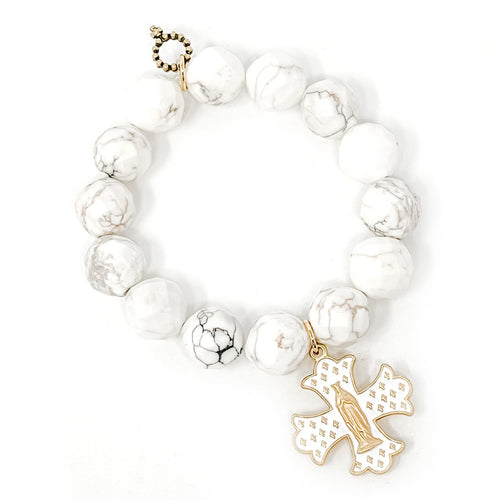 Private Collection- Faceted Creamy White Howlite with White Enameled Mary Cross