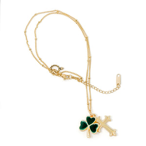 18" Non-Tarnish Beaded Chain with Enameled Shamrock and Gold Fleur Cross