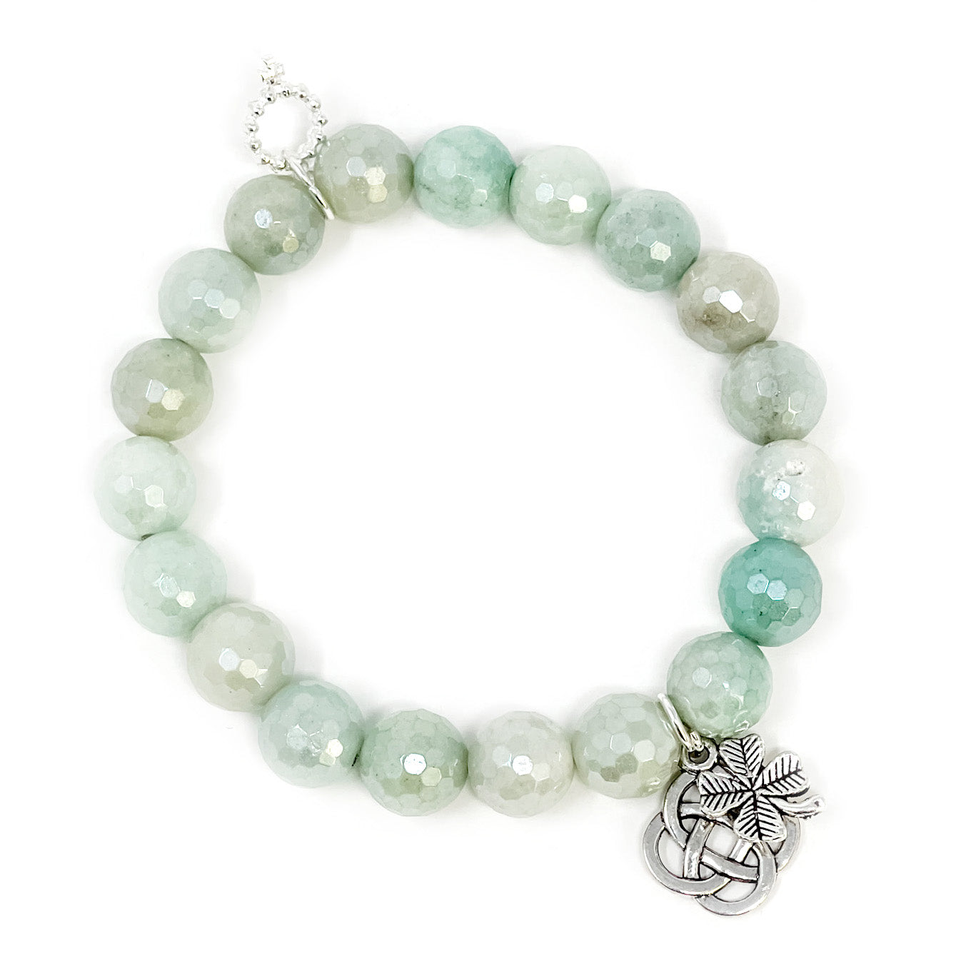 10mm Faceted Iridescent Iced Mint Agate with Silver Celtic Knot and Clover