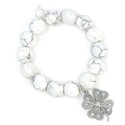 Faceted White Howlite with Silver Pave Clover