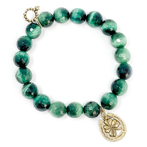 10mm Faceted Emerald Tiger Eye with Lucky 4-Leaf Clover Horseshoe