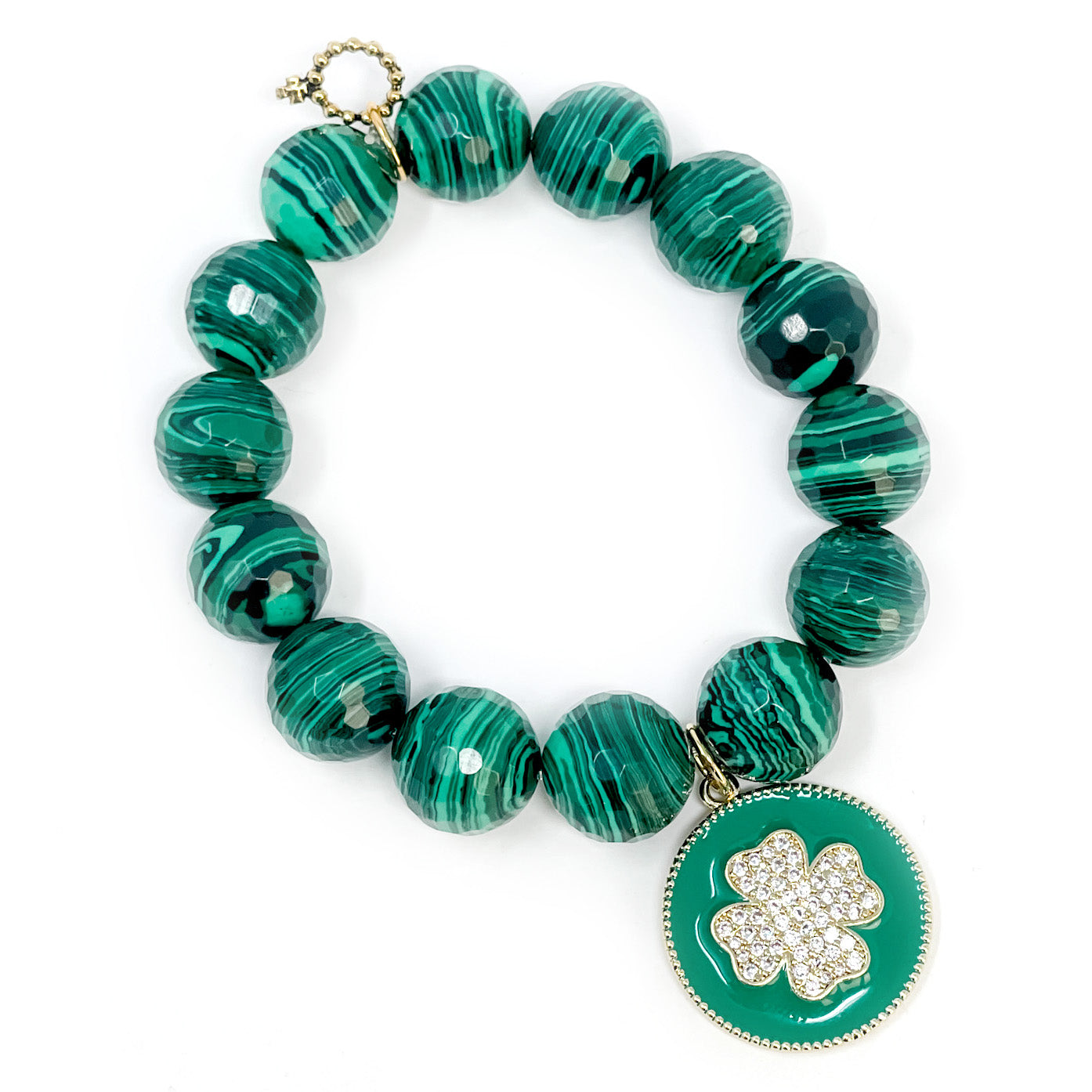 Faceted Malachite Agate with Green Enameled Shamrock