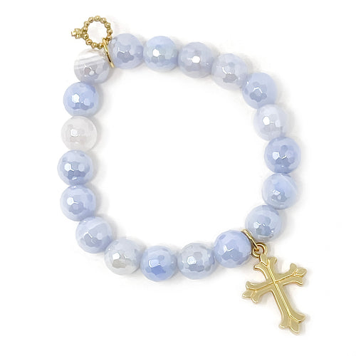 10mm Faceted Iridescent Ethereal Agate with Gold Fleur Cross