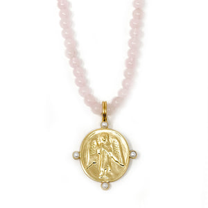 18" Rose Quartz Necklace with Matte Gold Guardian Angel