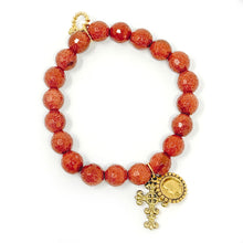 10mm Faceted Amber Goldstone with Gold Scroll Cross and Petite Mary