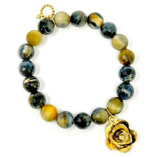 10mm Faceted Caramel Latte Tiger Eye with Gold Antique Rose