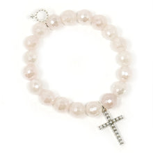 10mm Faceted Iridescent Rose Quartz with Silver Pearl Cross