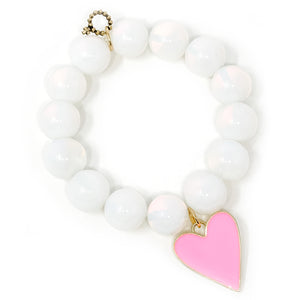 Matte White Lace Agate with Pink Enameled Heart