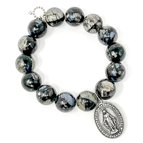 Midnight Slate Agate with Antiqued Silver Classic Blessed Mother