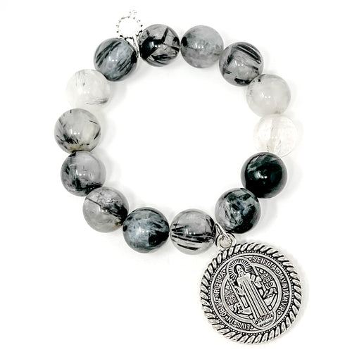 Grey Owl Quartz with Large Silver Braided St. Benedict