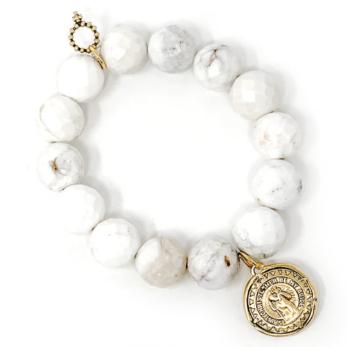 Faceted Creamy White Howlite with Gold St. Christopher Compass