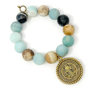 Matte Amazonite with Large Gold Braided St. Benedict