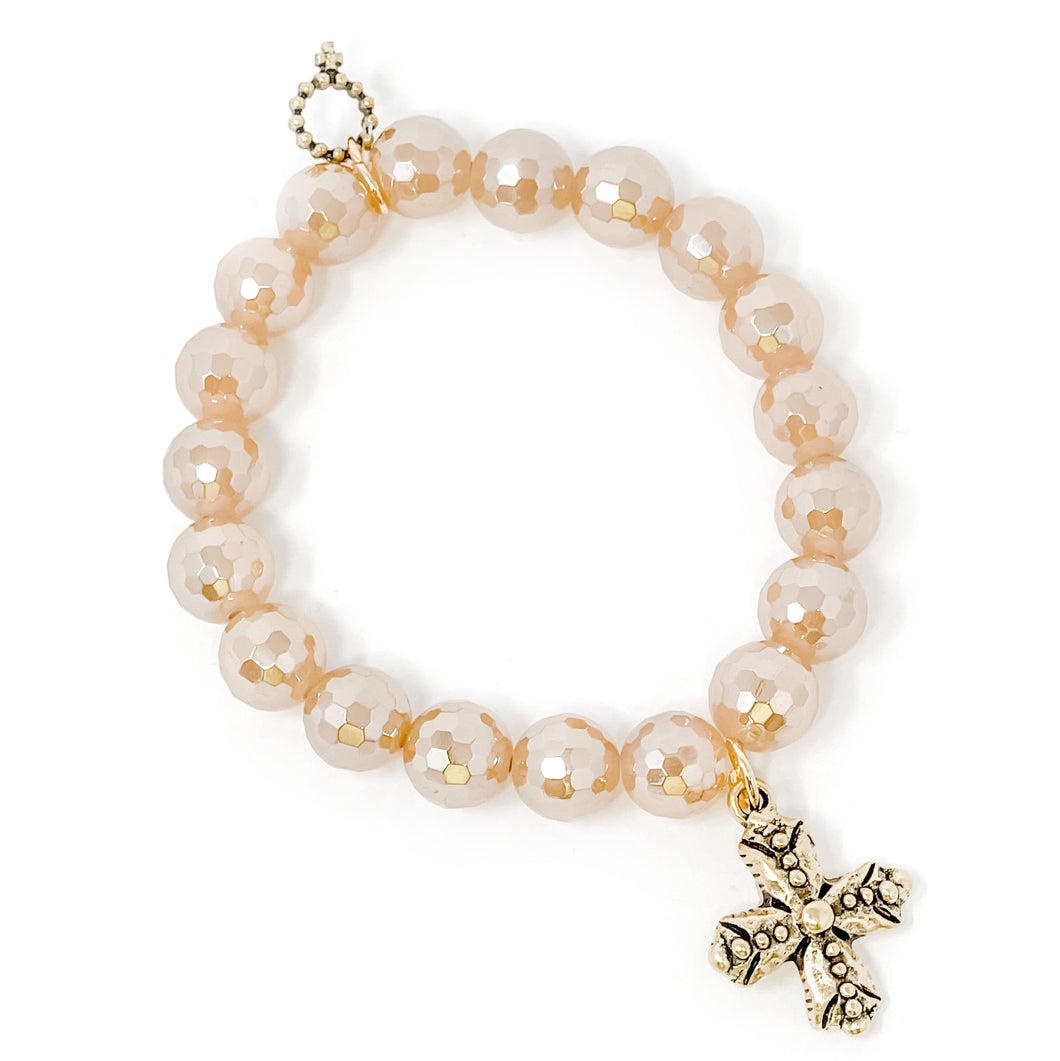 10mm Faceted Iridescent Gold Quartz paired with a Brass Beaded Cross