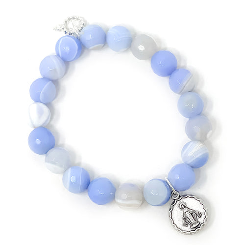 10mm Faceted Ethereal Blue Agate paired with a Rays of Light Mary