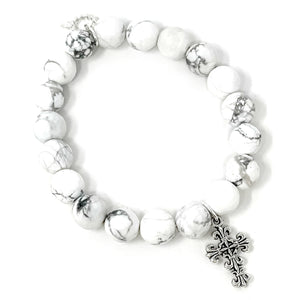 10mm Bright White Howlite paired with a Silver Cross